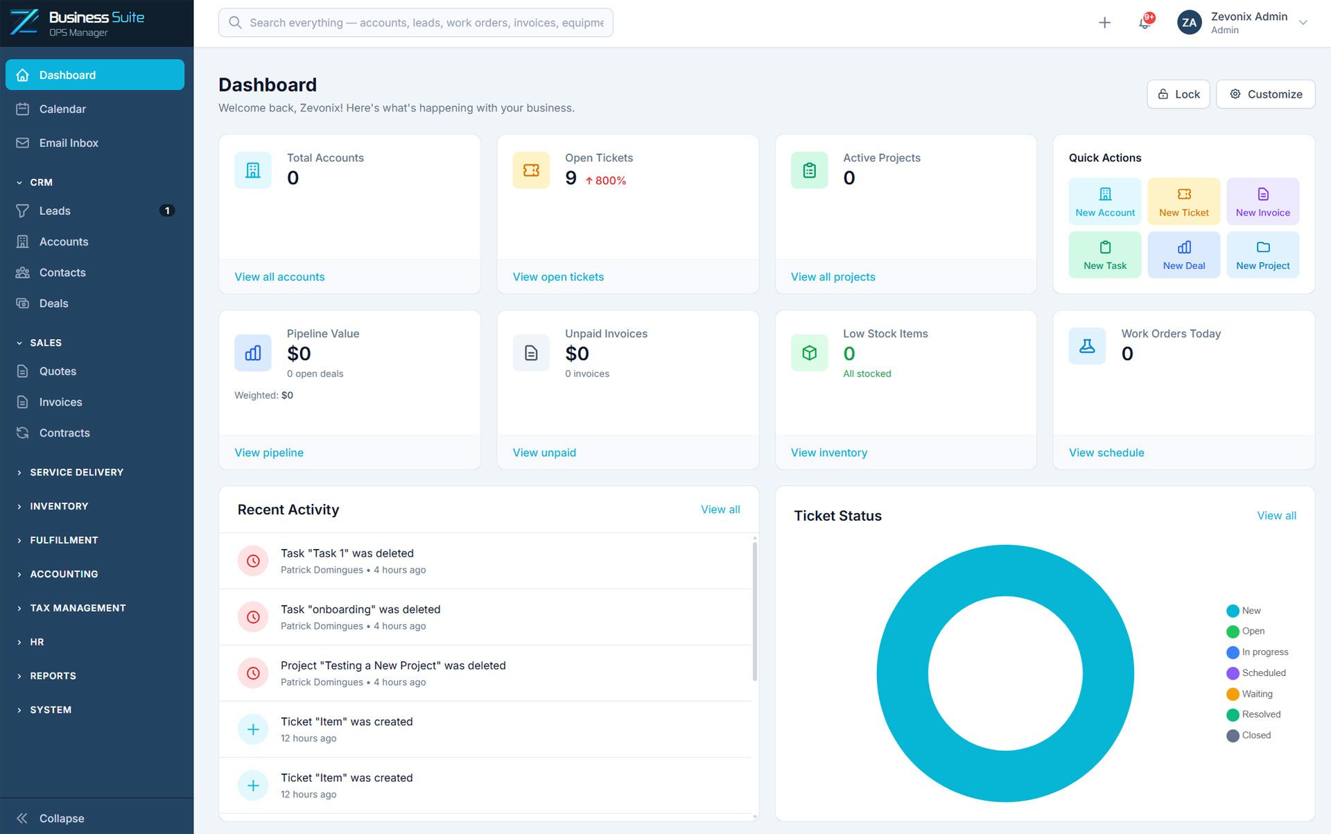 Zevonix Business Suite Ops Manager Platform - ERP dashboard for small business